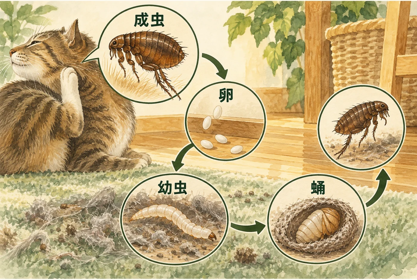 動物の体表から落ちる卵と、床の幼虫・蛹・成虫の生活環を示す図