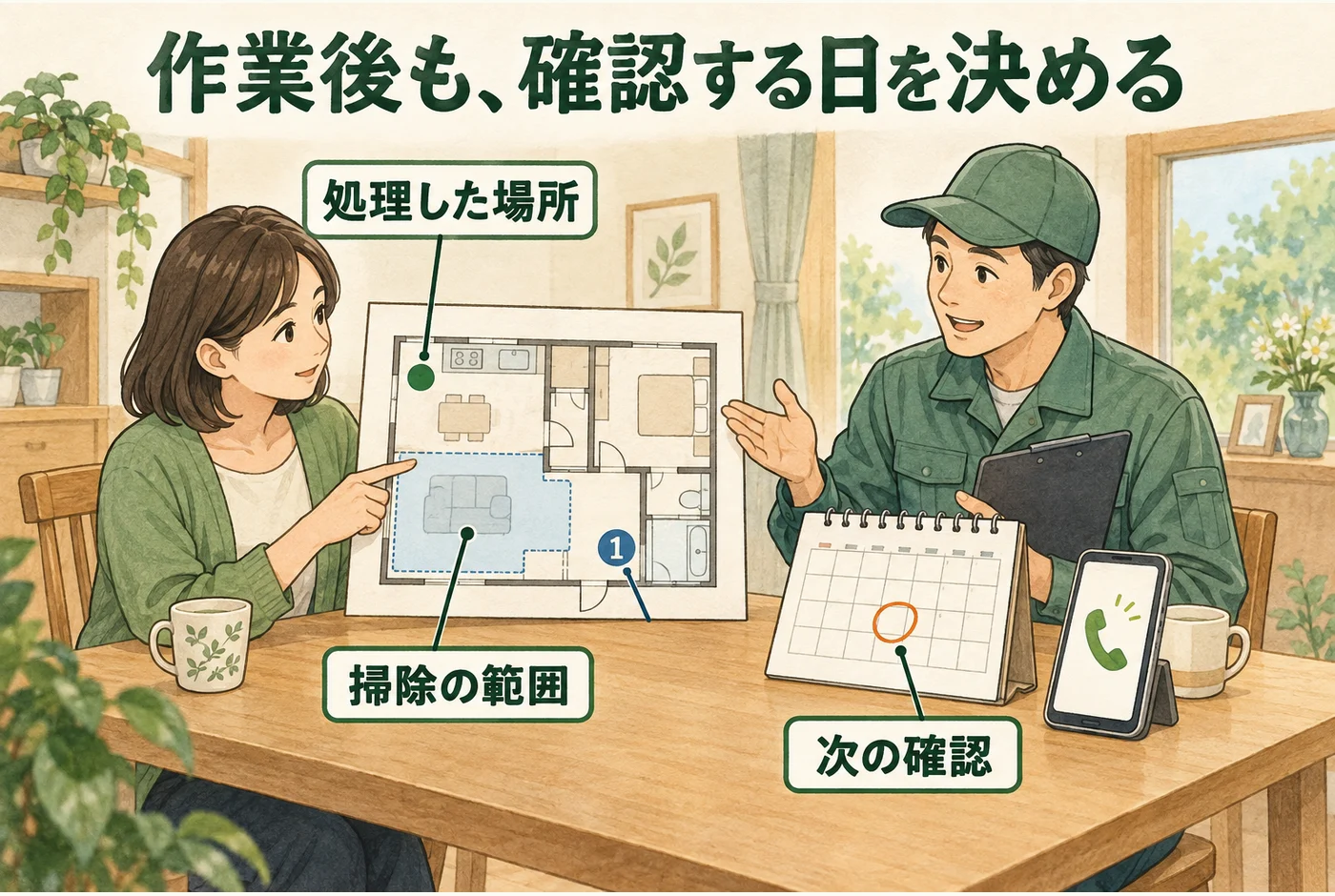 処理した位置、掃除の範囲、次の確認日を打ち合わせる図