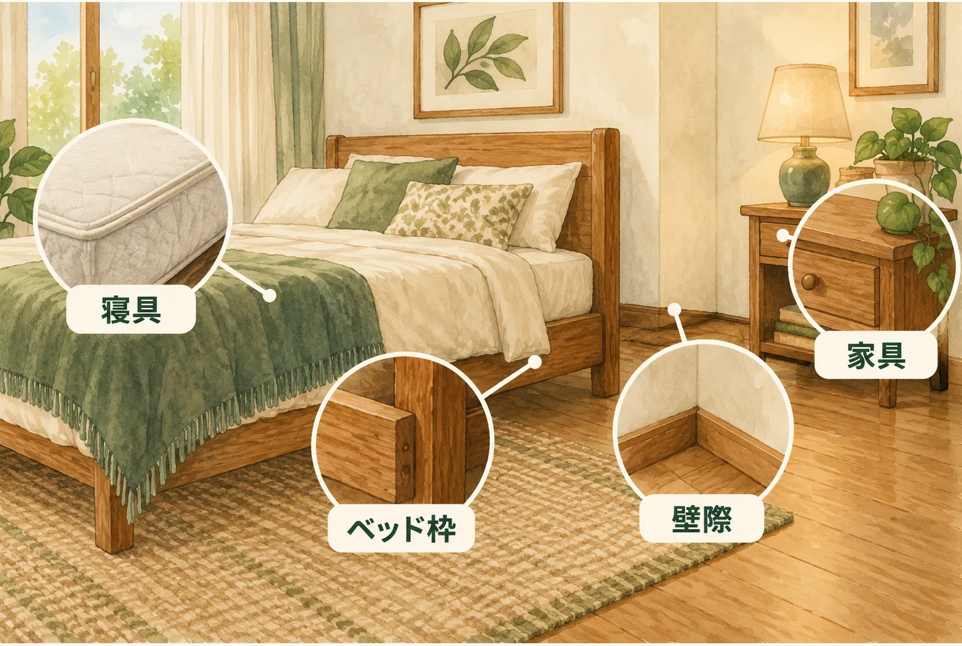 マットレスだけでなくベッド枠、壁際、近くの家具も調べる図