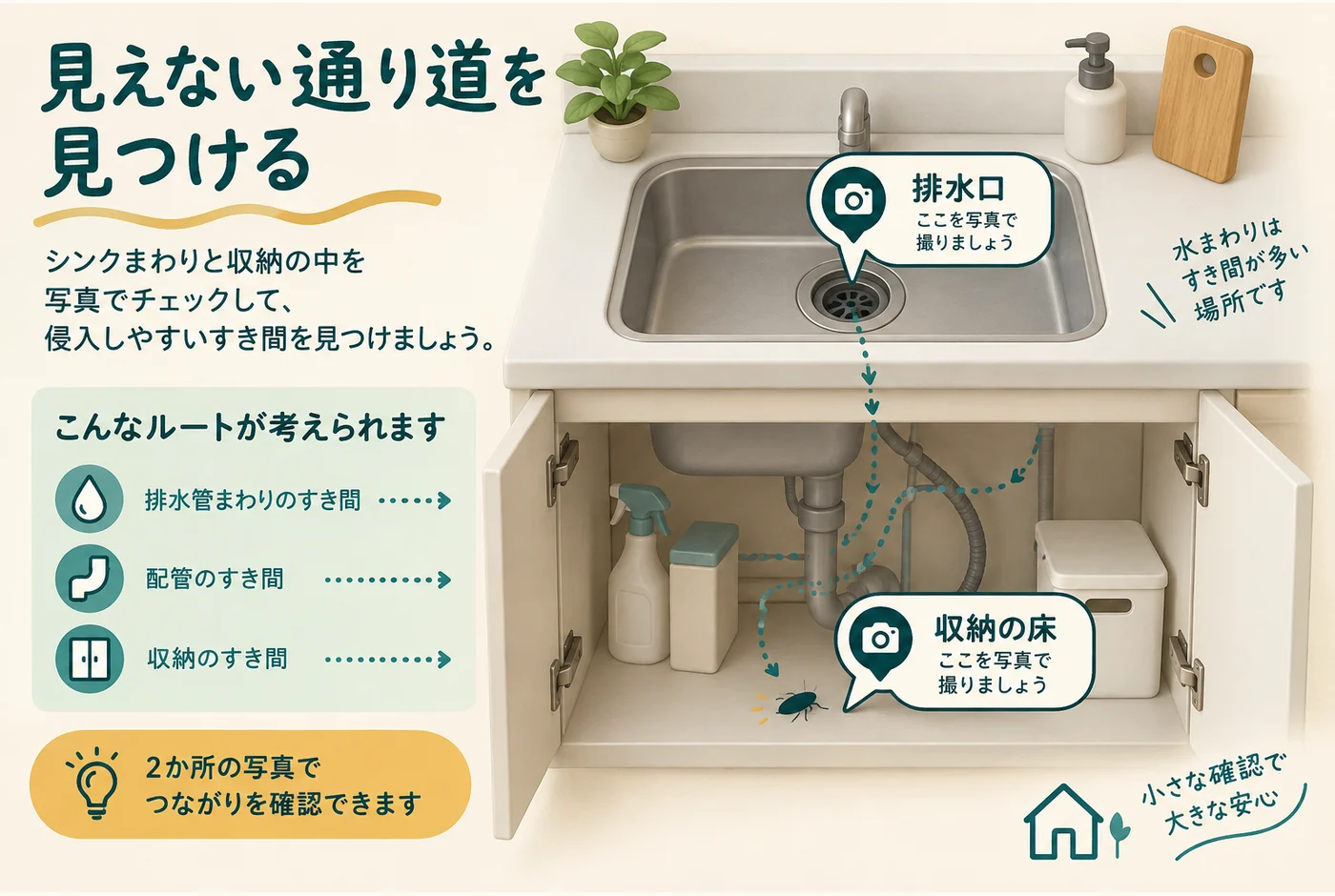 排水口とシンク下の収納を別の観察場所として記録する図