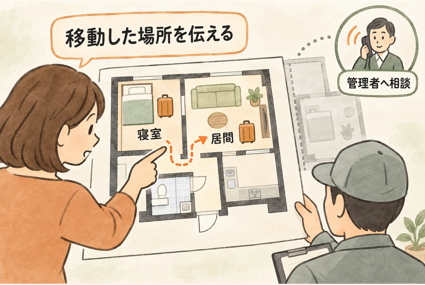 寝室や居間へ荷物を移した場所を伝え、隣接住戸は管理者へ相談するイメージ
