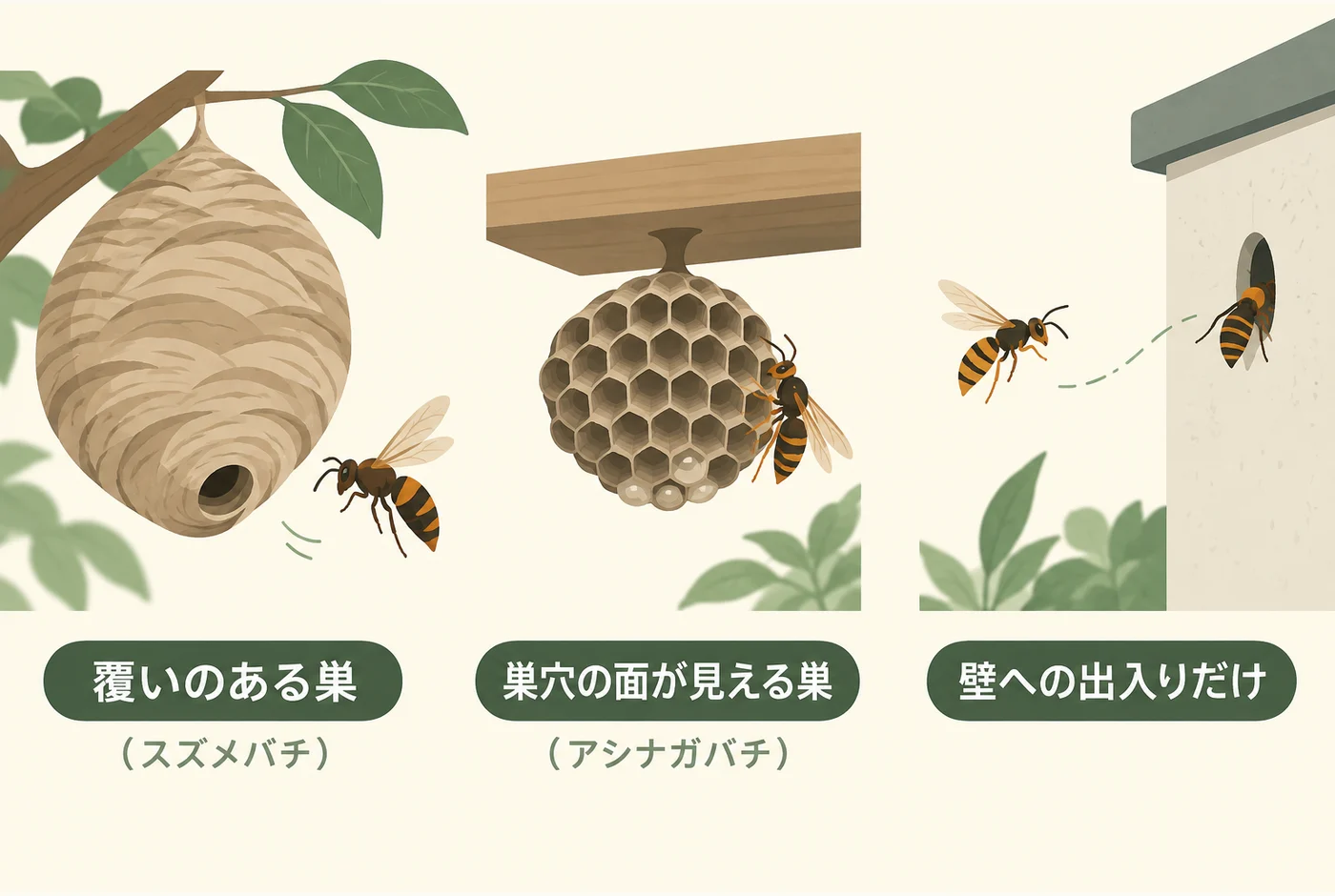 覆いのある巣、巣穴が見える巣、壁への出入りだけ見える場合の比較