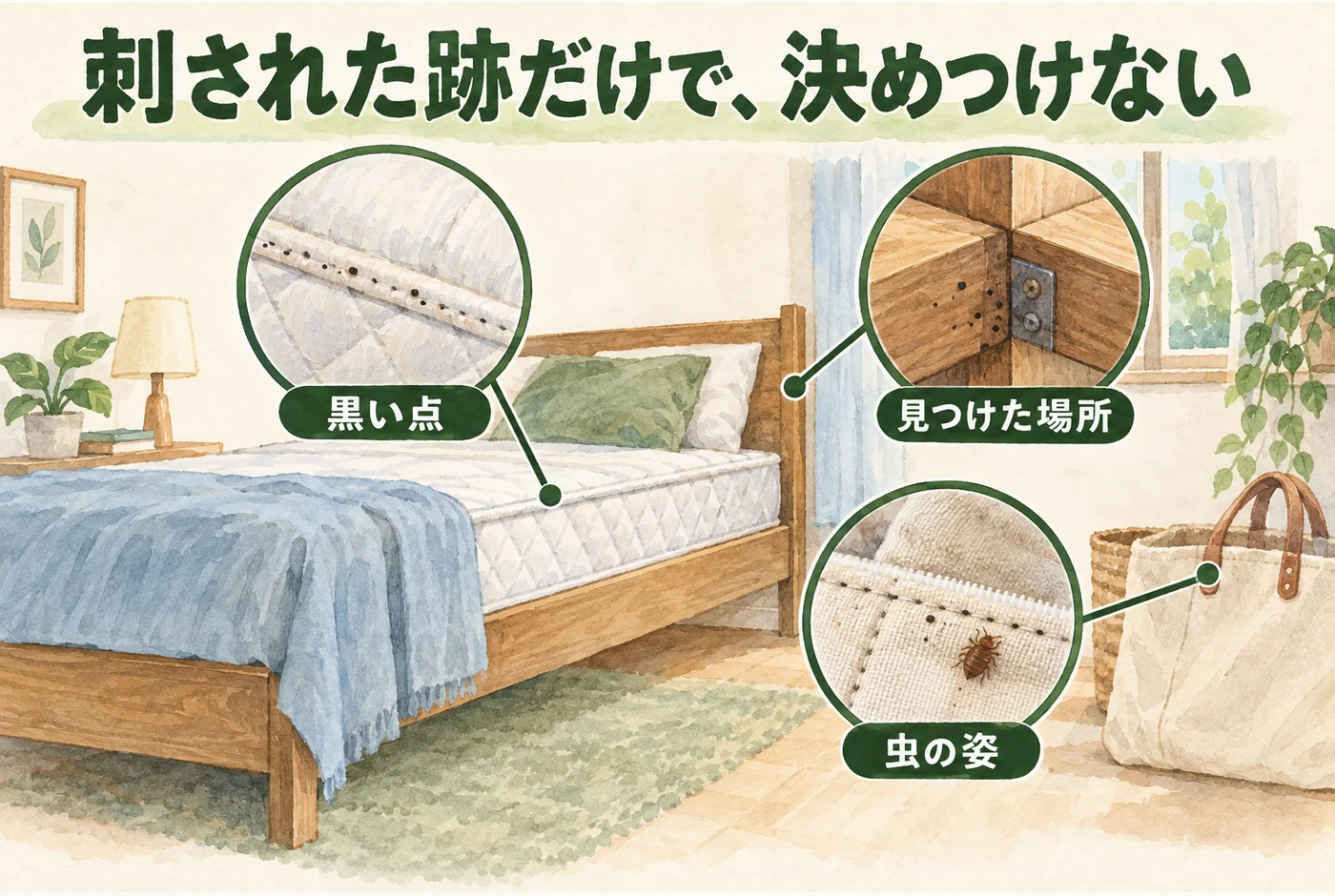 寝具の縫い目、ベッドの継ぎ目、荷物の縫い目を観察する図