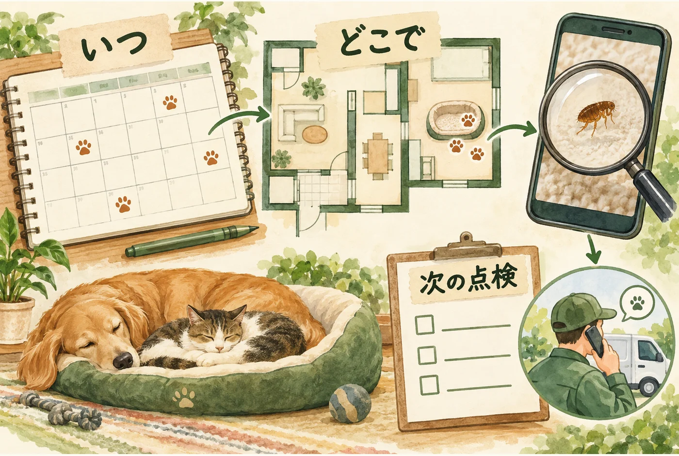 カレンダーと部屋の見取り図に、再発見した場所を記録する図