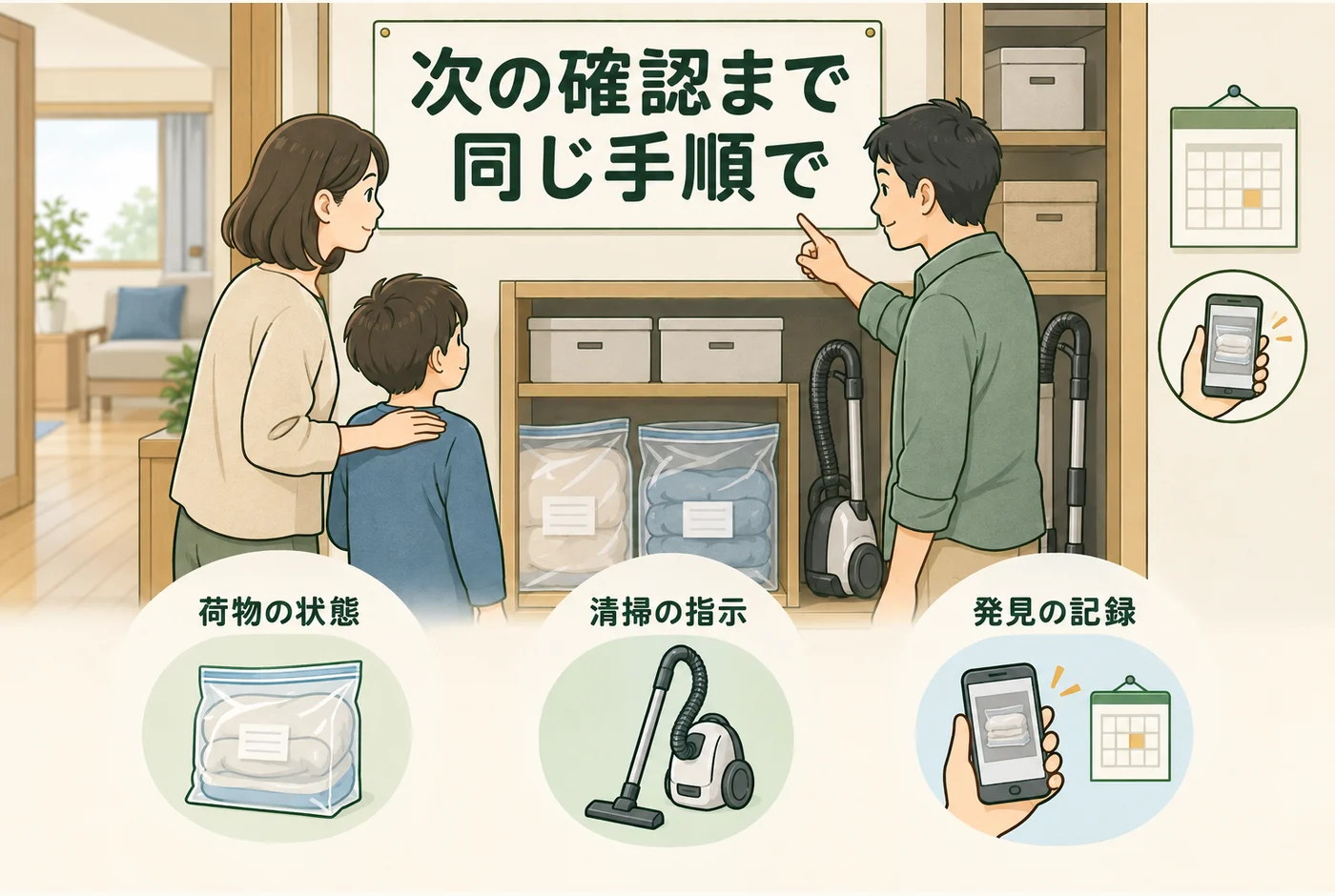 施工後の荷物と清掃道具の扱いを家族へ共有する