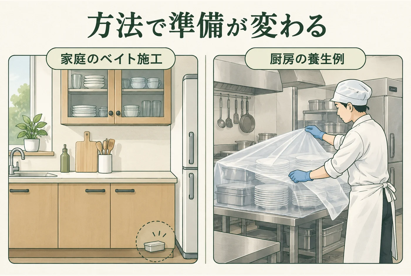 食器を残す方法と作業者が養生する方法の違い
