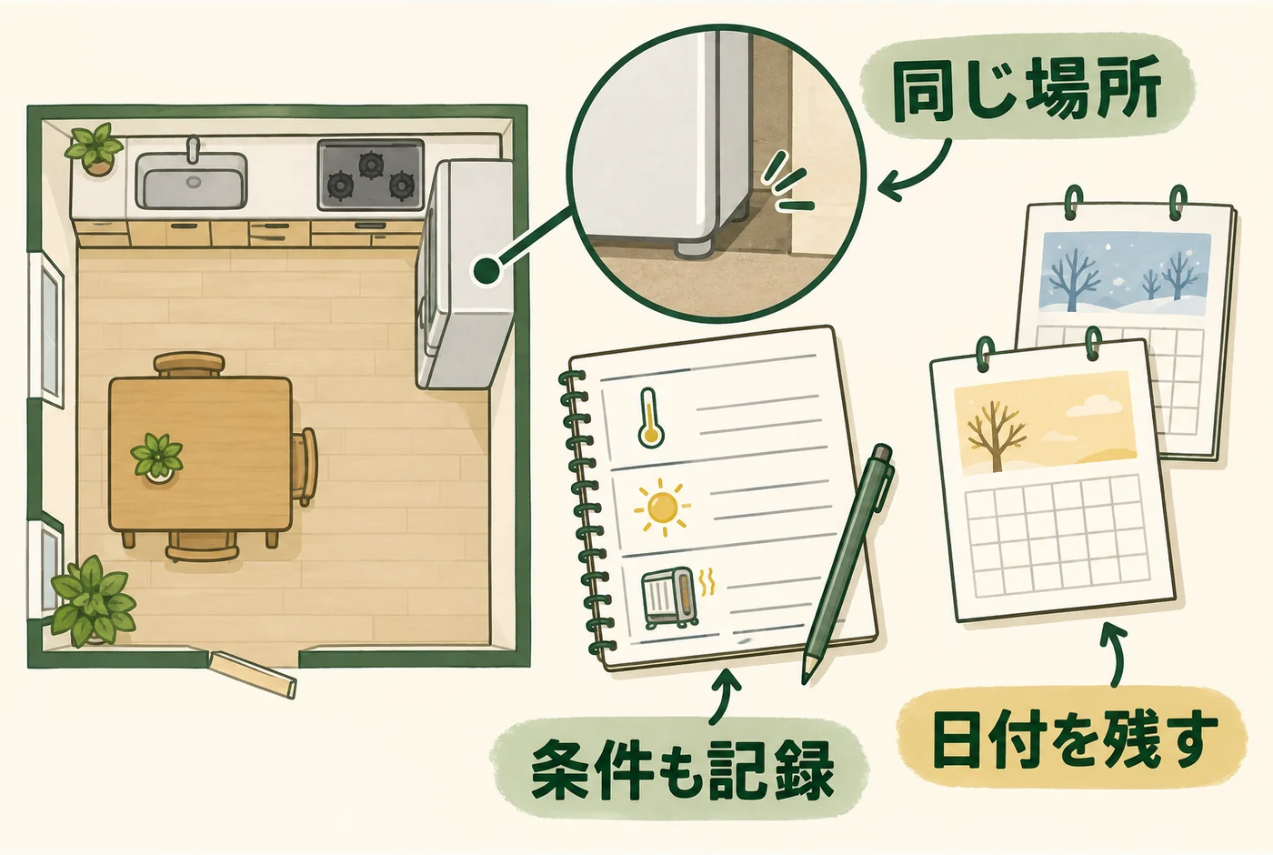同じ位置と条件で冬の目撃を記録する図
