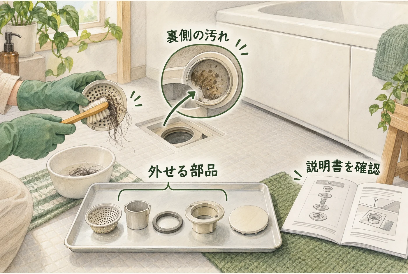 説明書を確認して外せる排水口部品を洗い、浴槽エプロンは閉じたまま確認する図