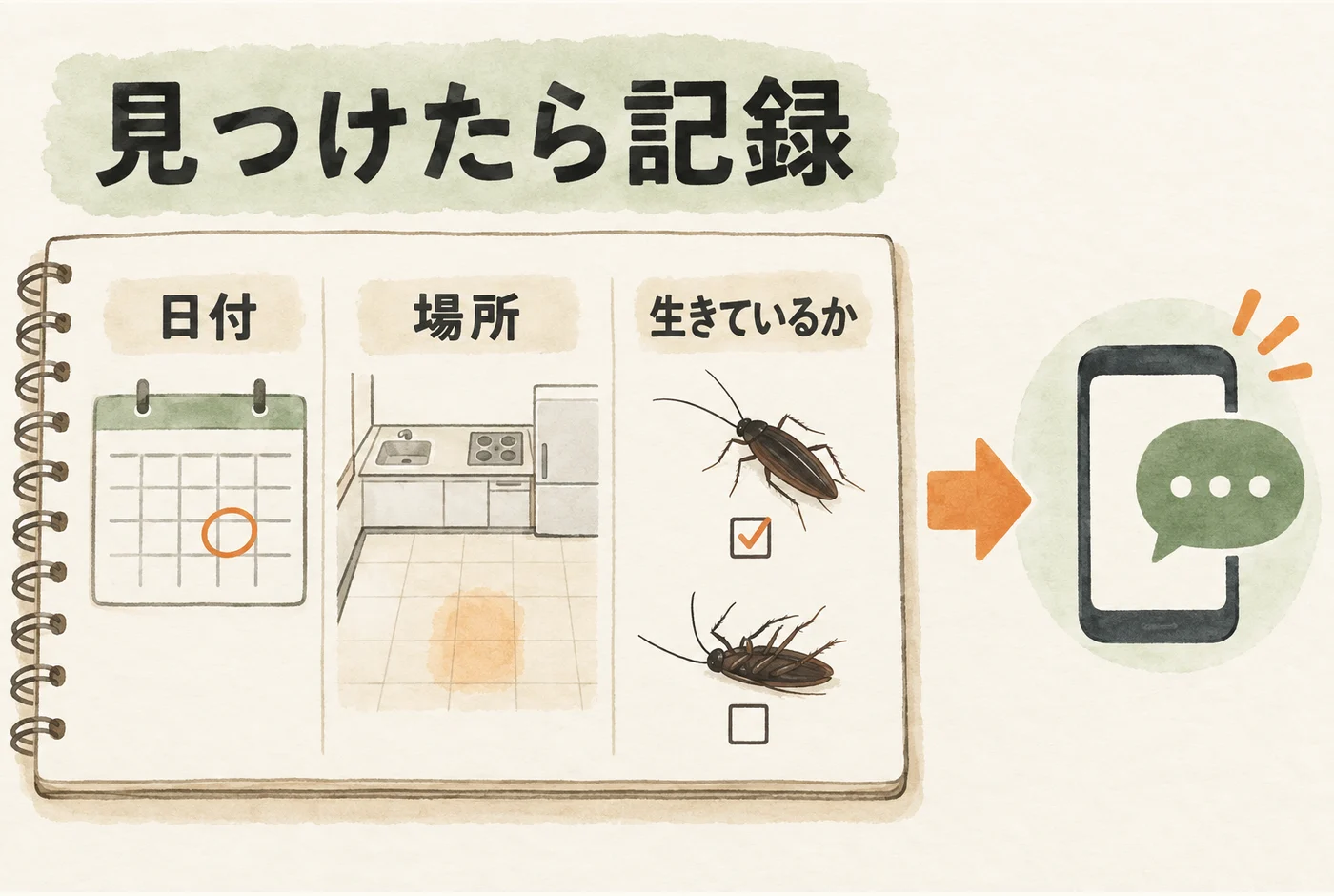 発見した日付、場所、生きた虫かどうかを記録して相談する流れ