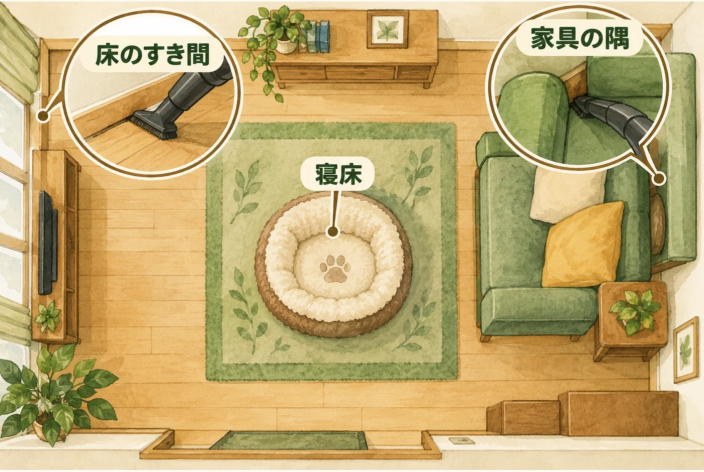 ペットの寝床を中心に、敷物、家具の隅、床のすき間を掃除する図