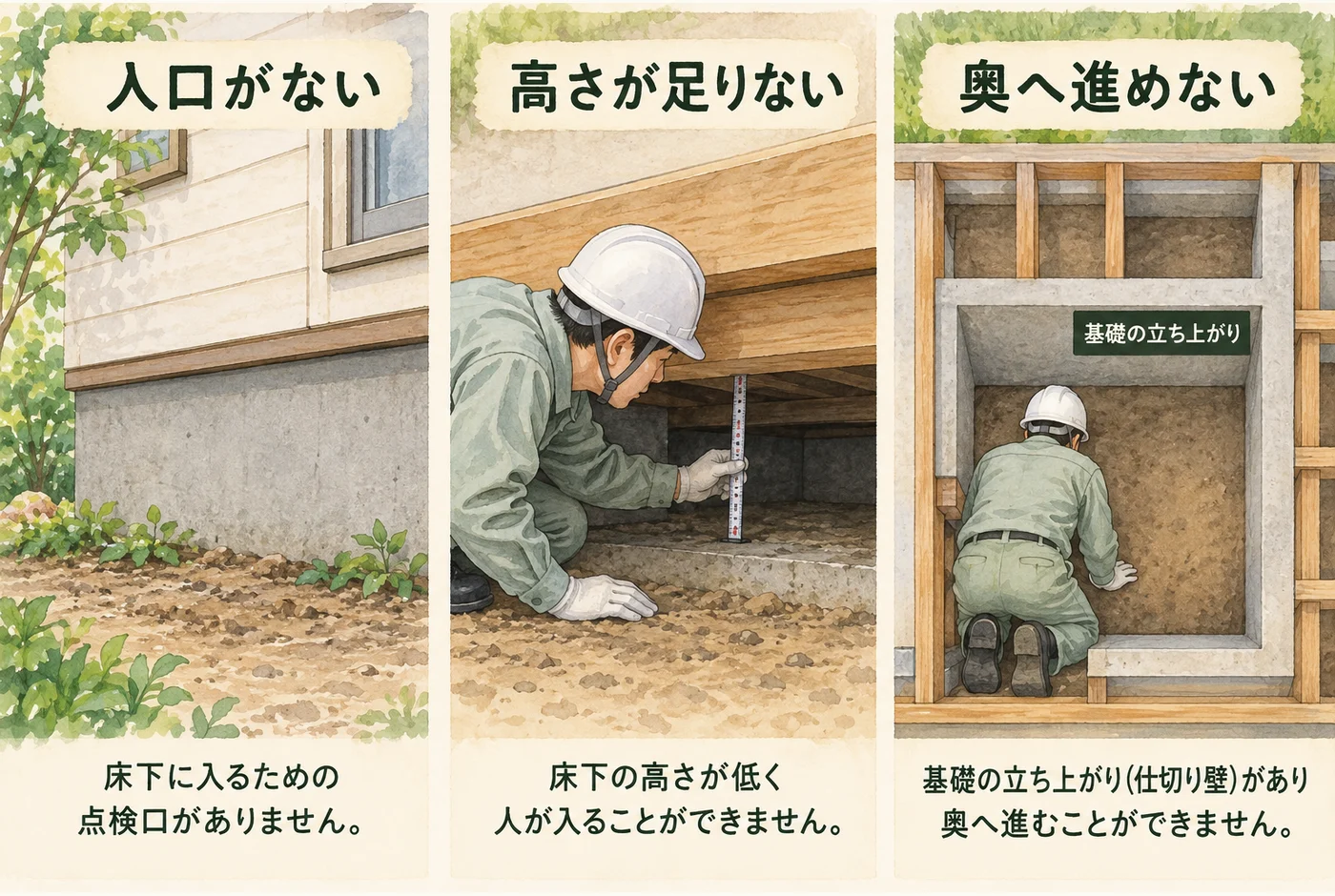 点検口がない、床下が低い、基礎で奥へ進めない3つの状態