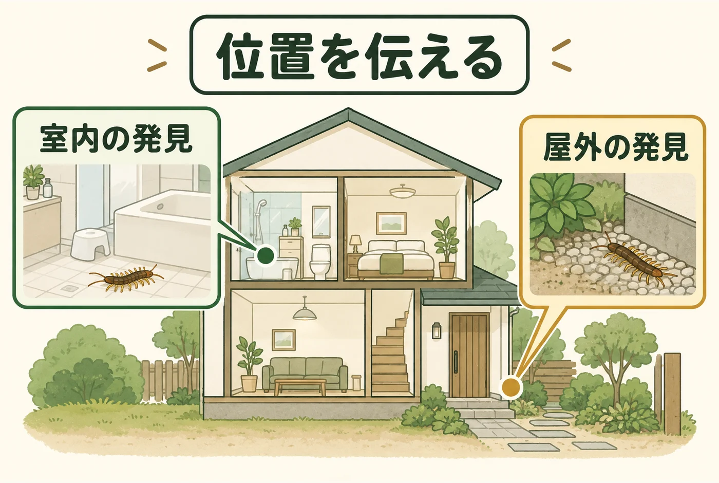 ムカデの室内と屋外の発見場所を分ける図