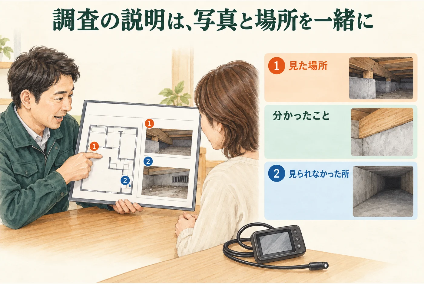 調べた場所、分かったこと、見られなかった所を写真と間取りで説明する図