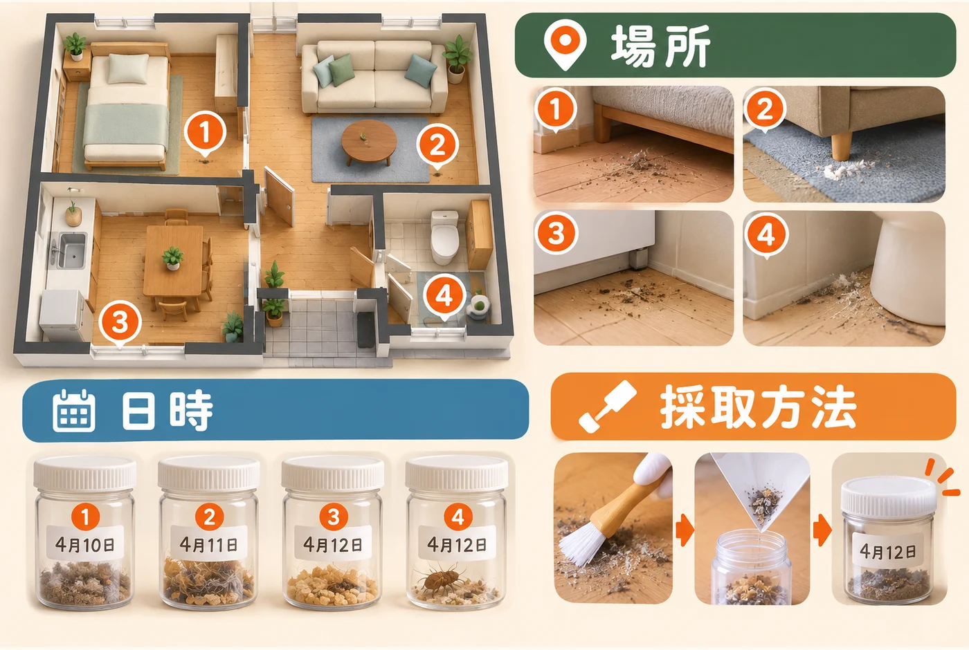 寝具・床・捕獲器からの採取方法と、場所・期間の記録を示す図
