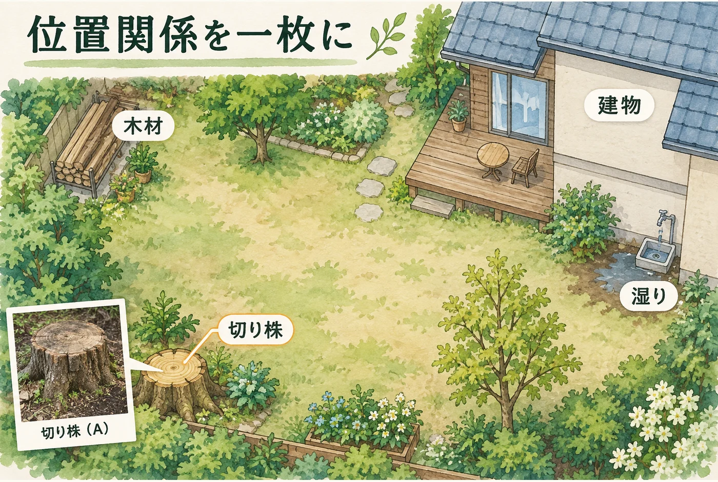 切り株と庭の木材や建物を見取り図に残す