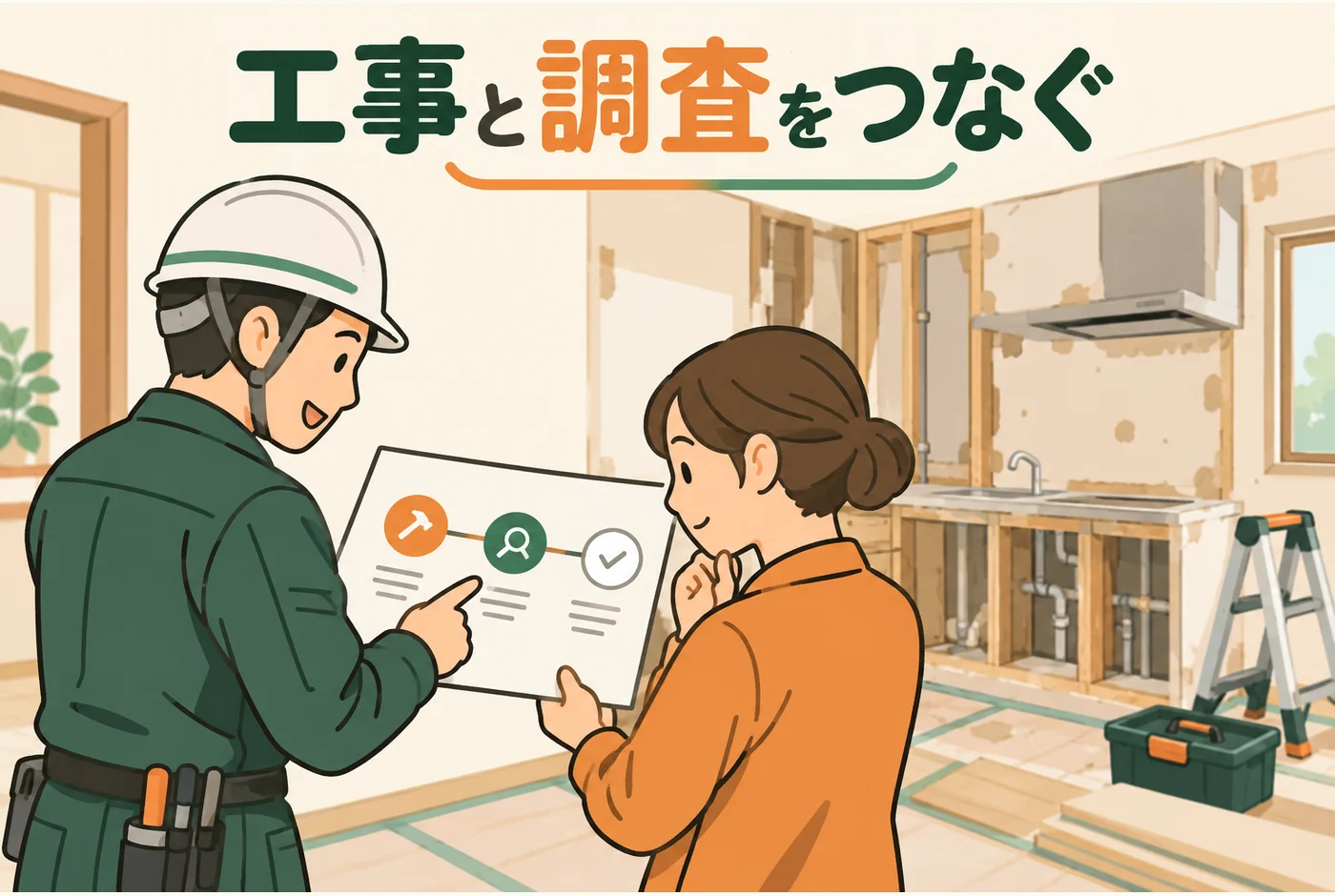 工事の予定と害虫調査をすり合わせる住人と担当者