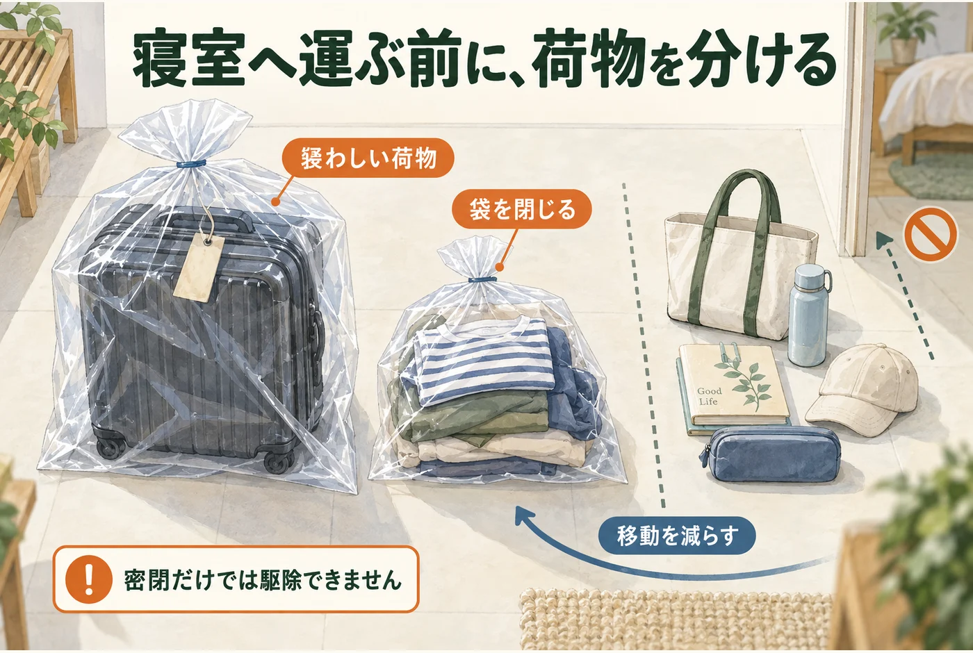 疑わしいスーツケースと衣類を袋に分け、移動を減らす図