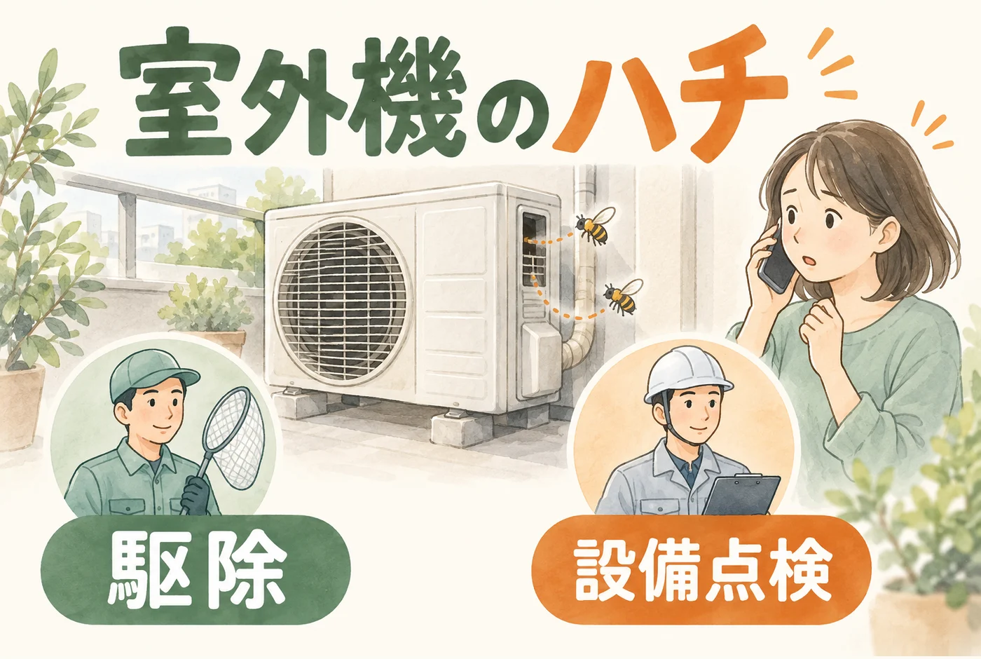 室外機のハチについて、駆除と設備点検の担当へ相談するイメージ