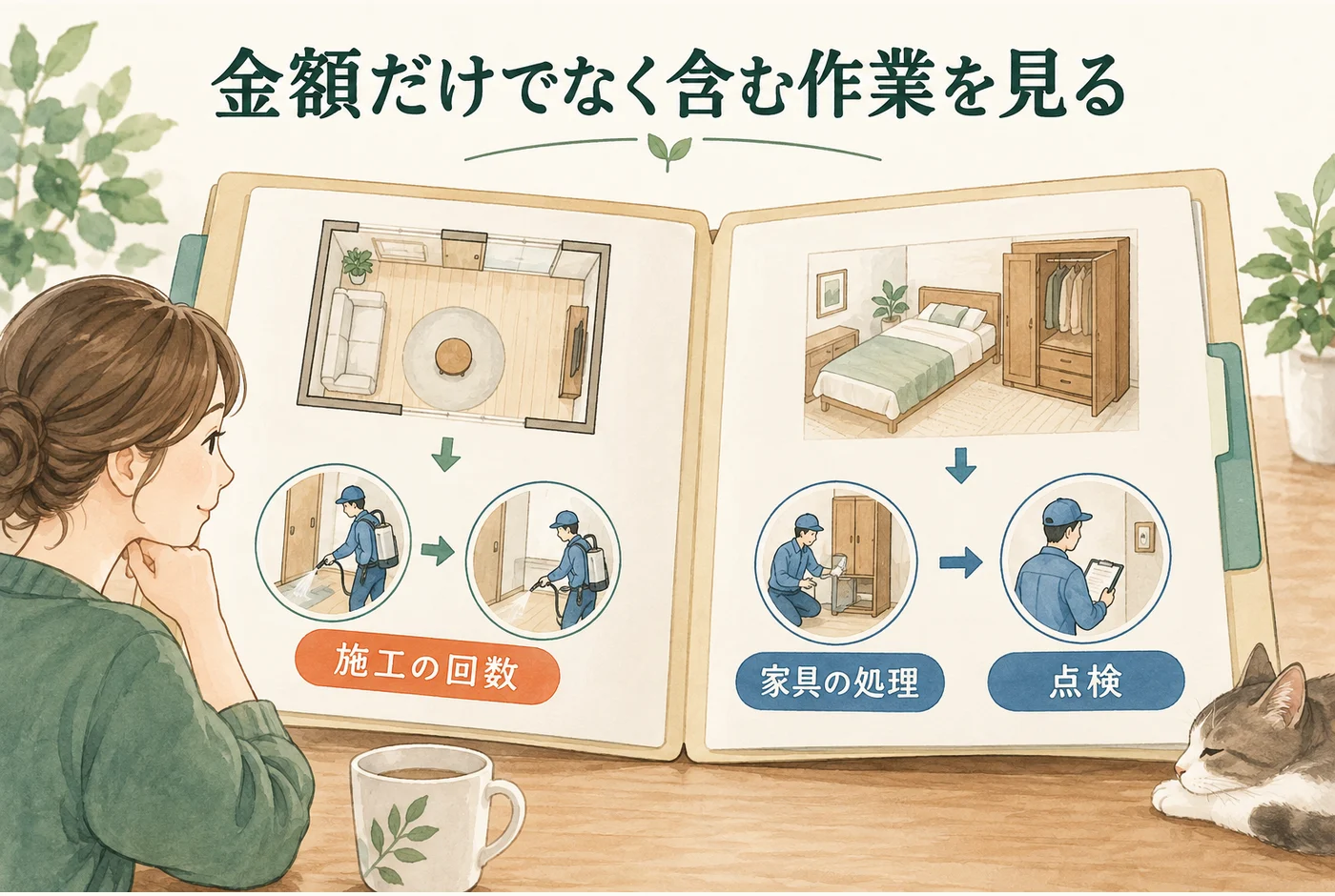 施工回数、家具の処理、点検をそれぞれ見積書で比べる図