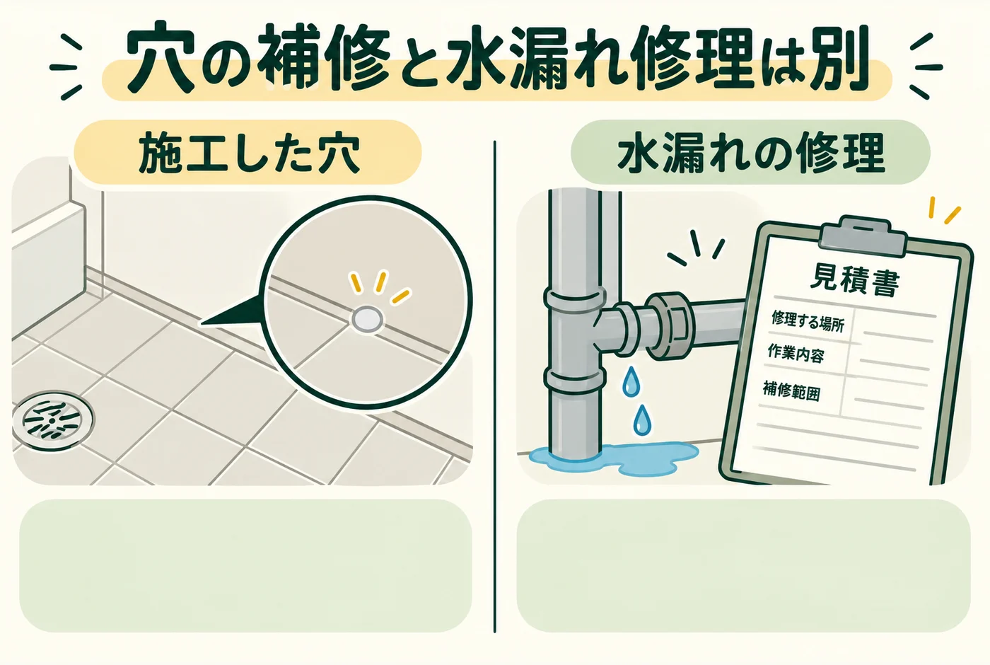 穴埋めと水漏れ修理は別を説明する図解