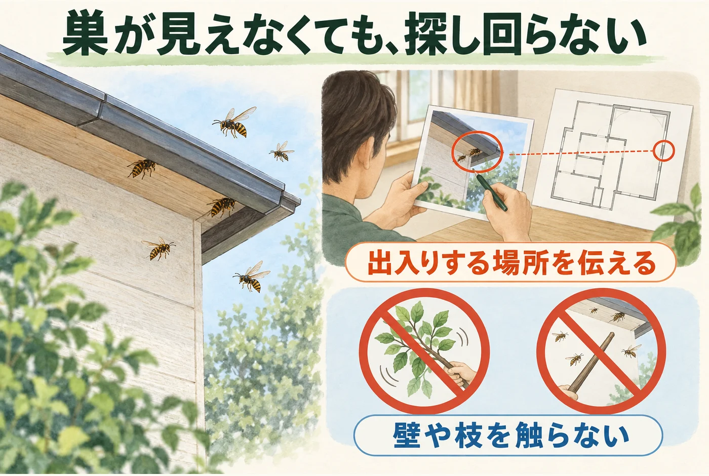壁や軒へのハチの出入りを伝え、枝や壁を触らず相談する図