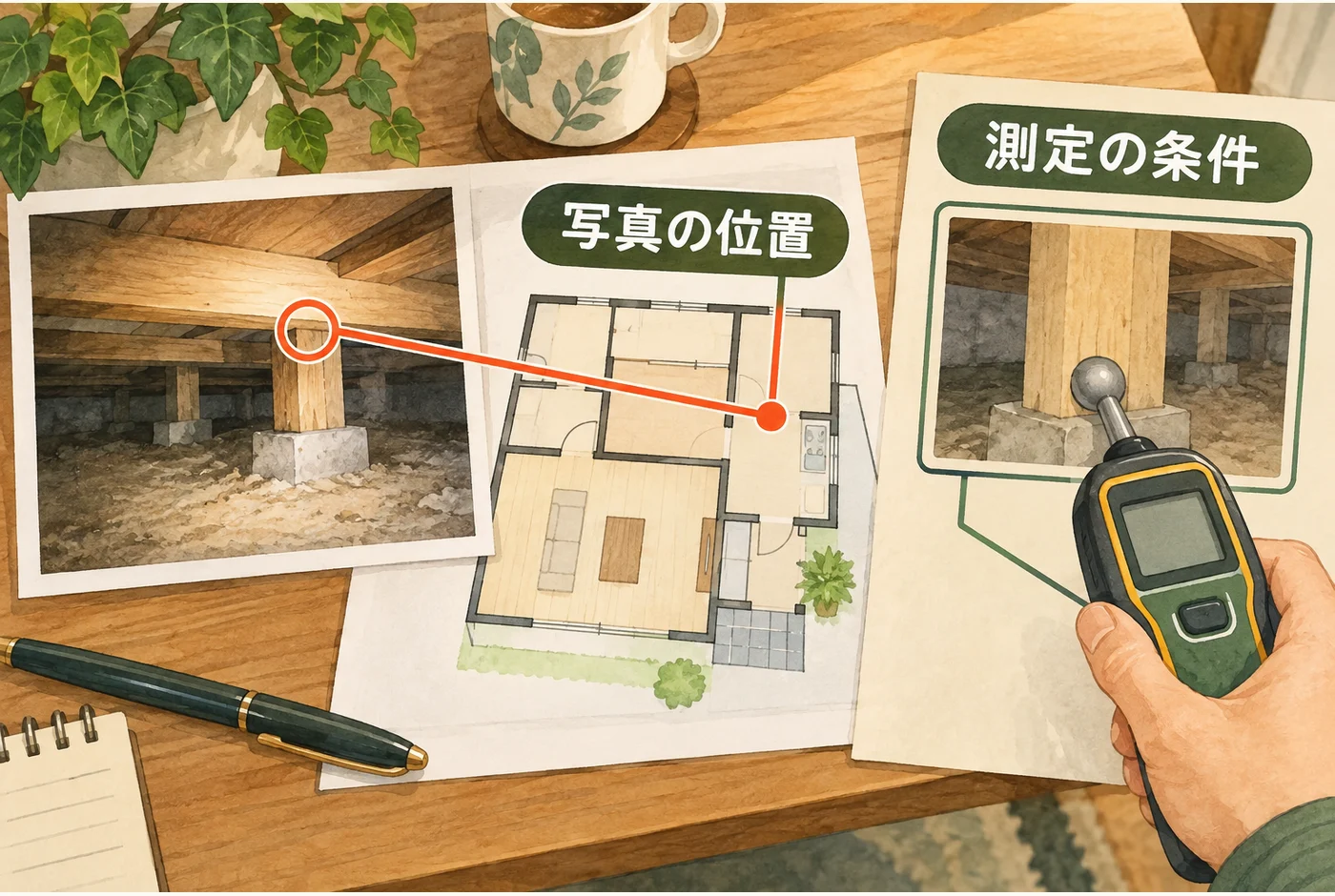 床下写真、図面上の撮影位置、測定器の記録を対応させた図