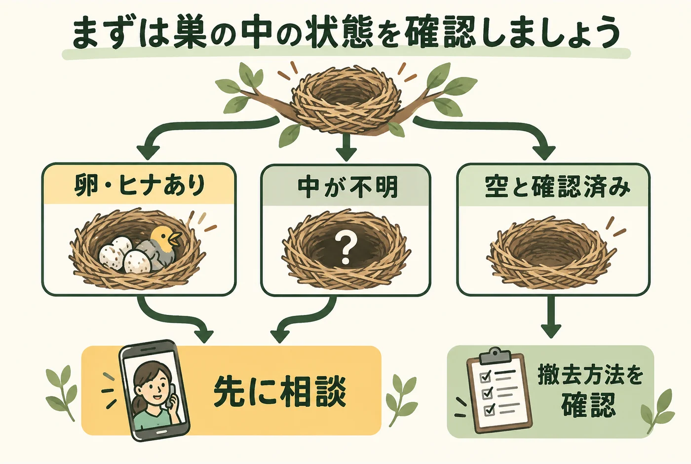 巣の卵やヒナが不明なら自治体と管理者へ確認する図