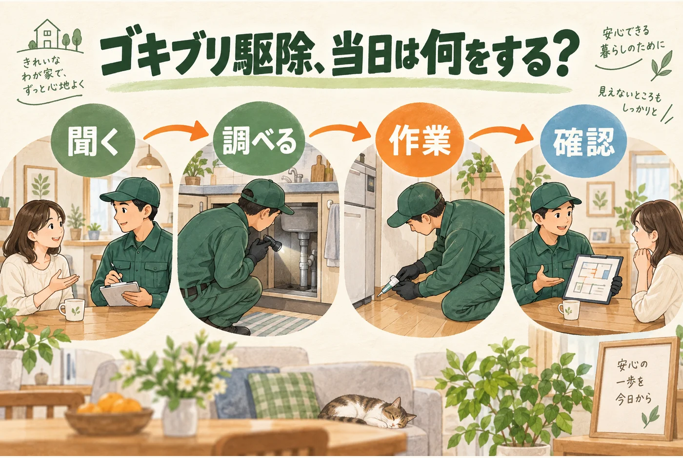 訪問時の聞き取りから調査、作業、説明へ進むゴキブリ駆除の流れ