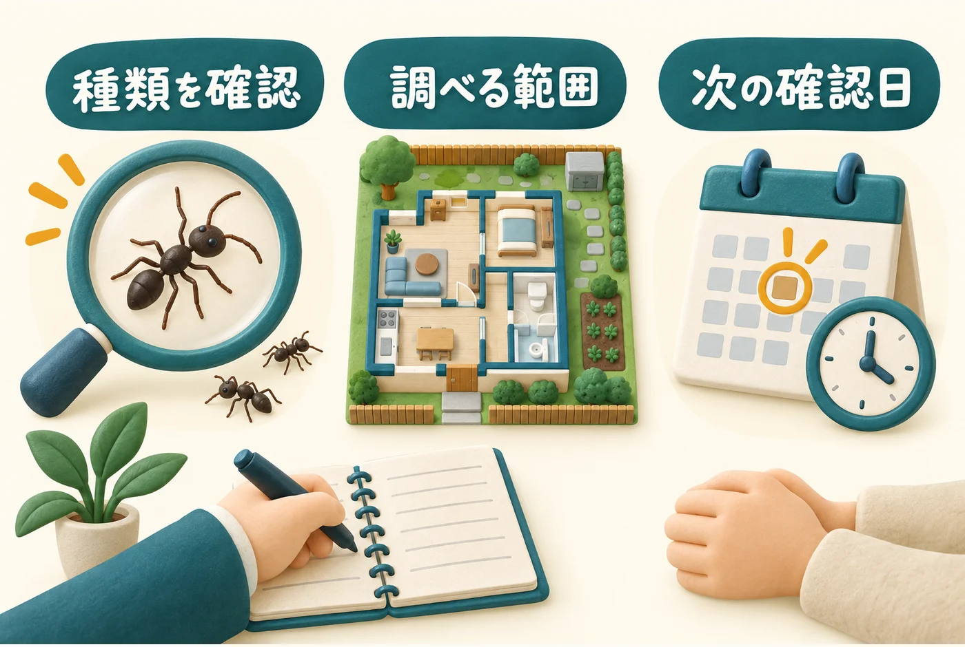 アリの種類、室内外の調査範囲、次の確認日を業者に聞く図