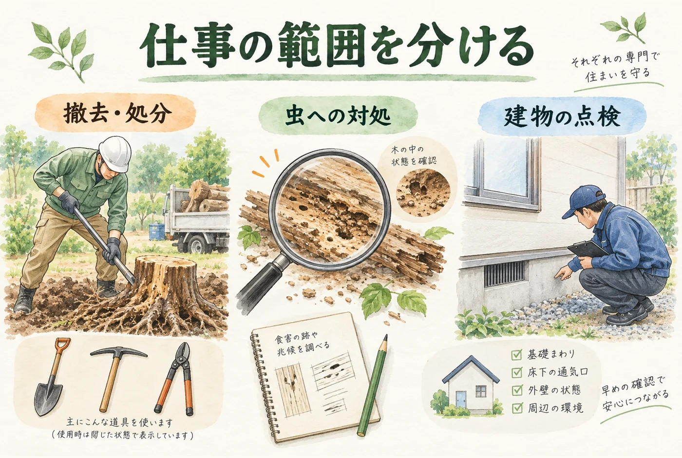抜根と防除と建物点検を分ける