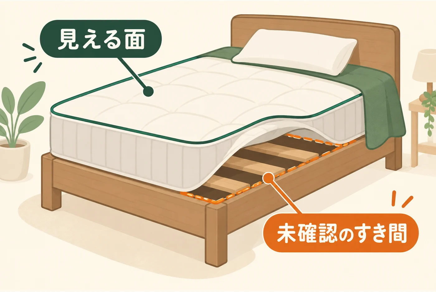 ベッドの見える面と狭いすき間を区別する