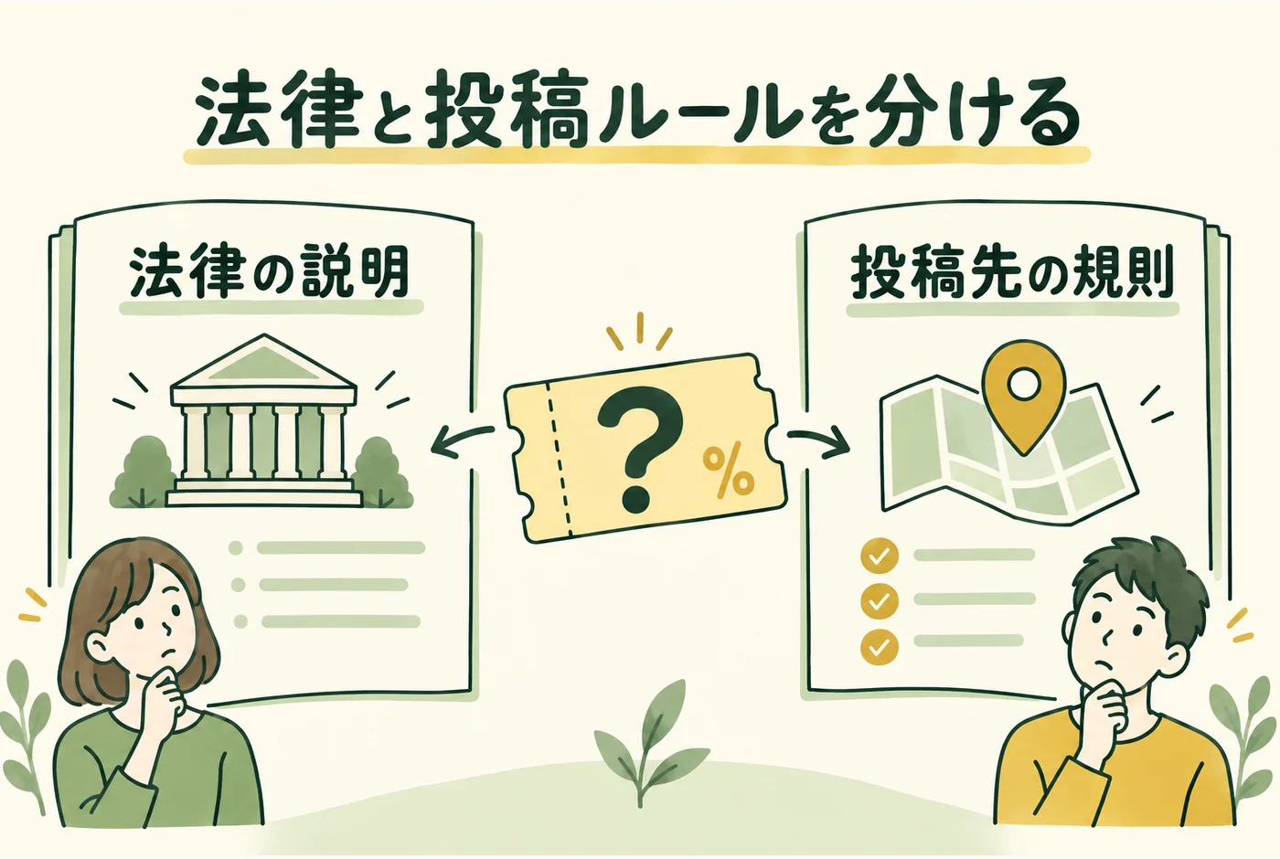 「法律と投稿ルールを分ける」の判断ポイントを示す図解