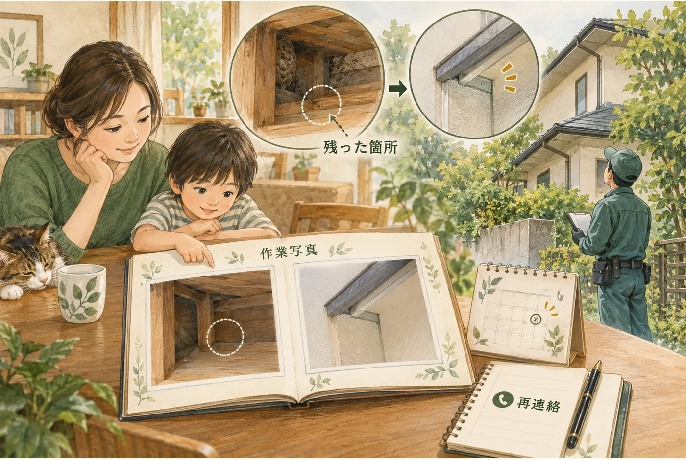 清掃後の建物内部と、復旧した外観を写真記録で確かめる図