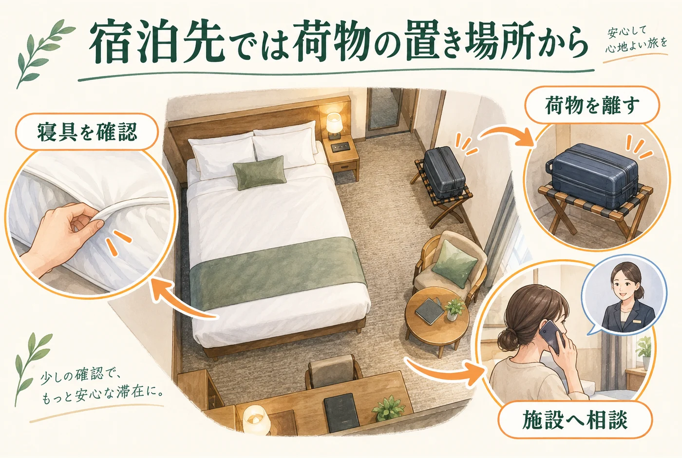 寝具と荷物台を確認し、荷物をベッドから離す宿泊時の図