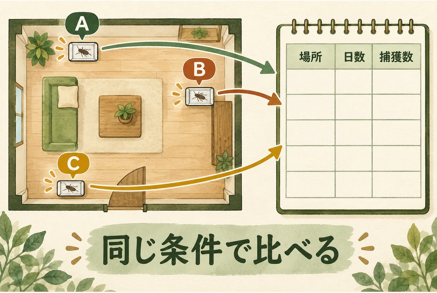 粘着トラップの場所を図面と記録表で対応させる図