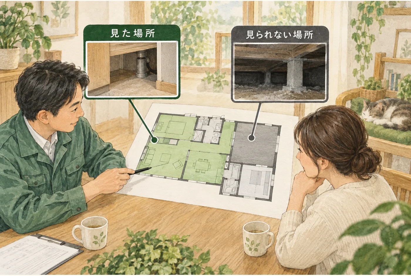 間取り図の上で、確認した床下と未確認の床下を色分けする図