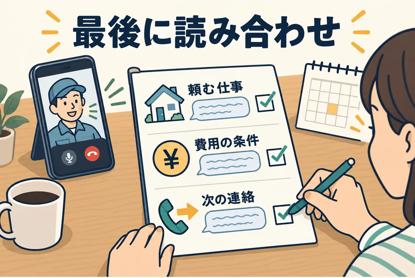 費用と次の連絡を電話の終わりに確認する