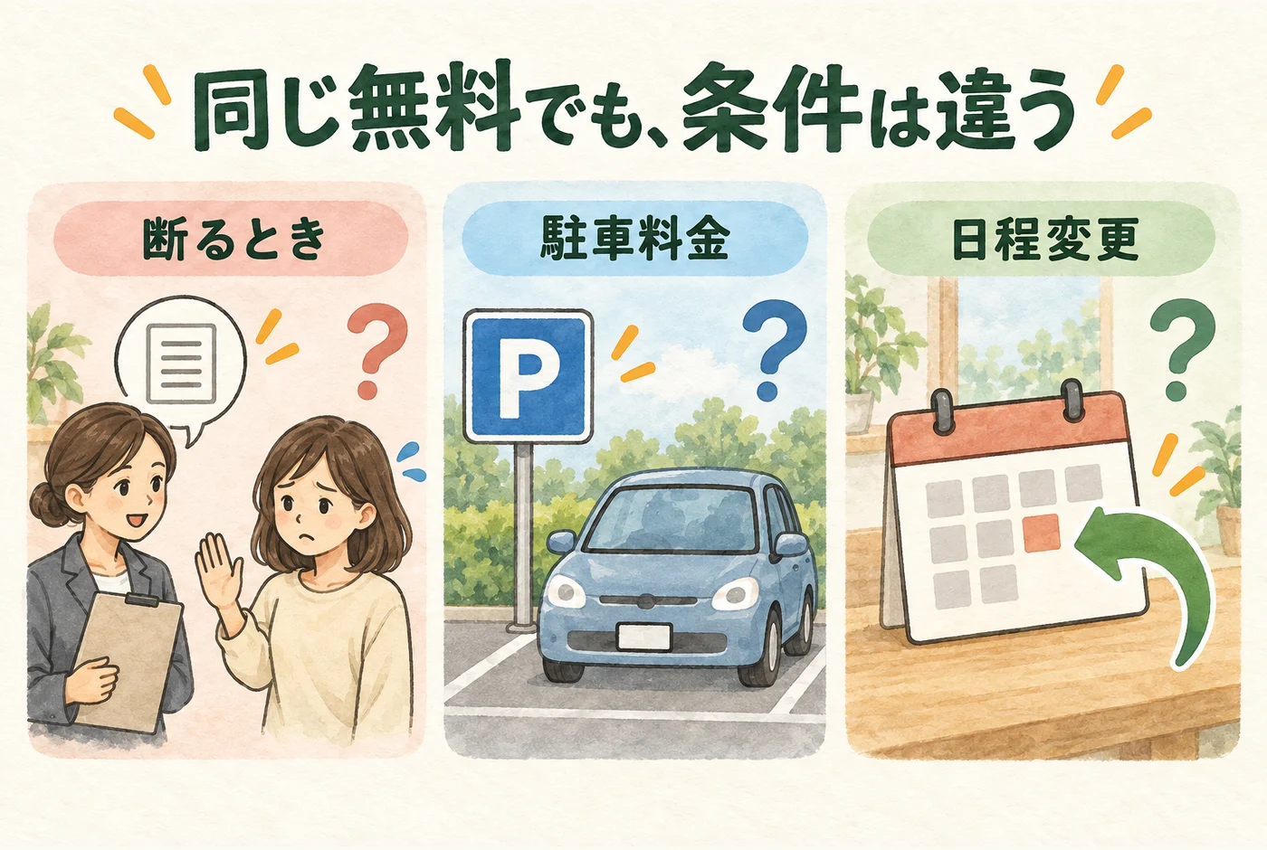 断る場合、駐車料金、日程変更の条件を別々に見る図