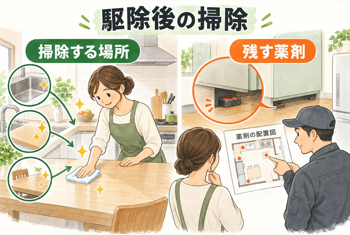 台所の掃除する場所と、施工後に残す毒餌の場所を確認するイメージ