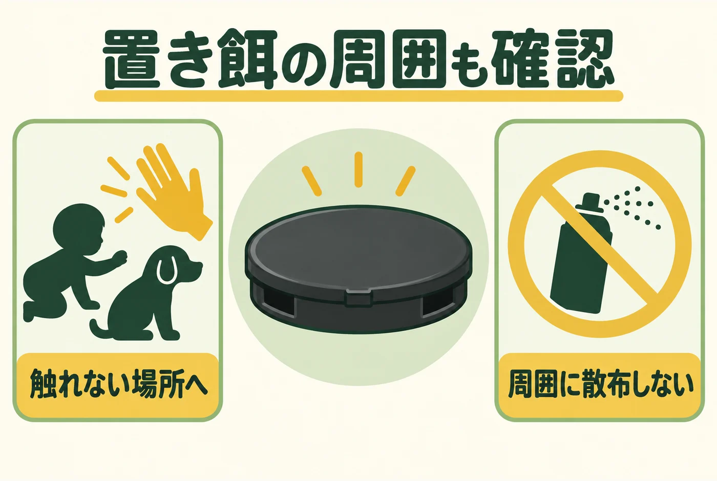毒餌を子供やペットが触れない場所に置き、周囲にスプレーを散布しない条件