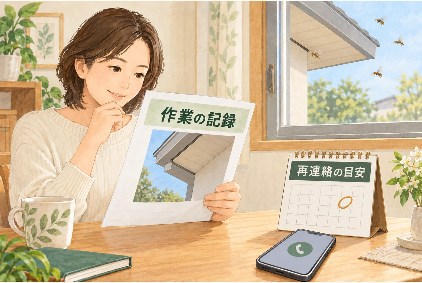 作業報告書と、安全な場所からの観察、再連絡の流れを示す図