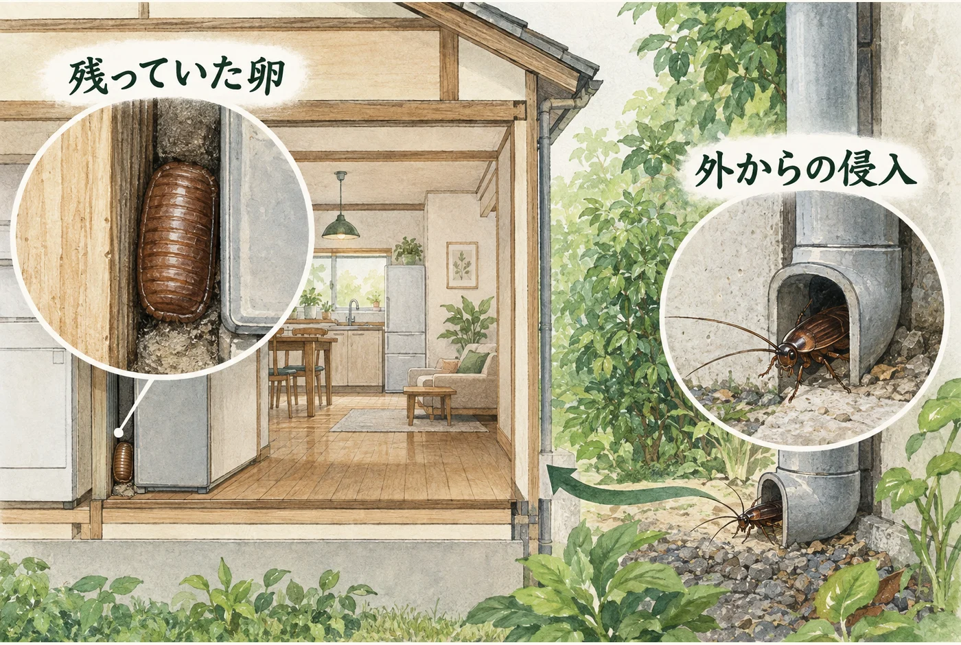 室内のすき間に残る卵と、配管周辺から入る虫を分けた図