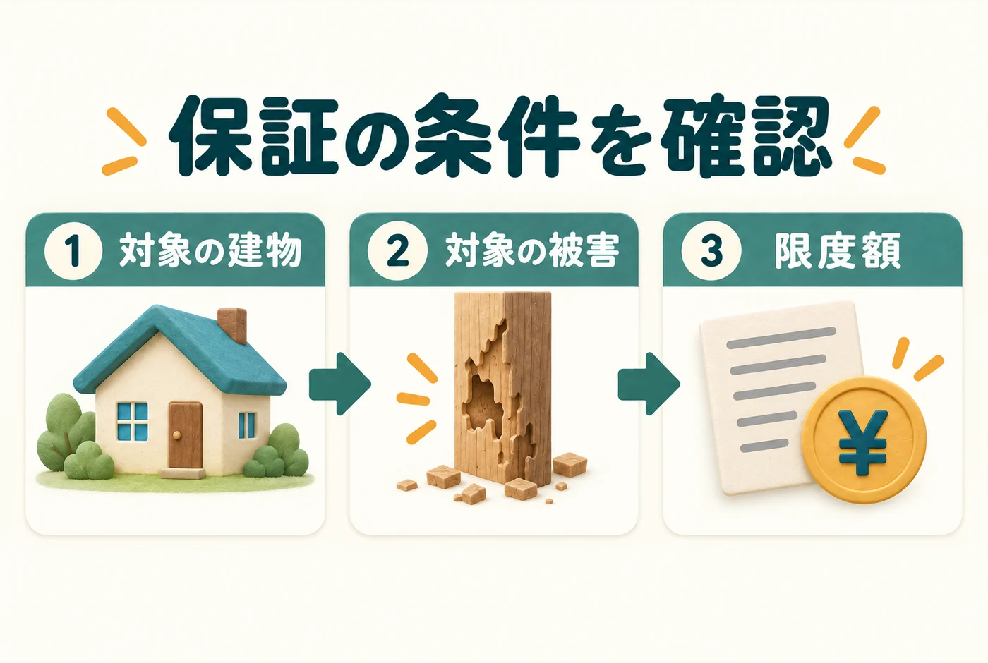 対象の建物、対象の被害、限度額の順に確認する図