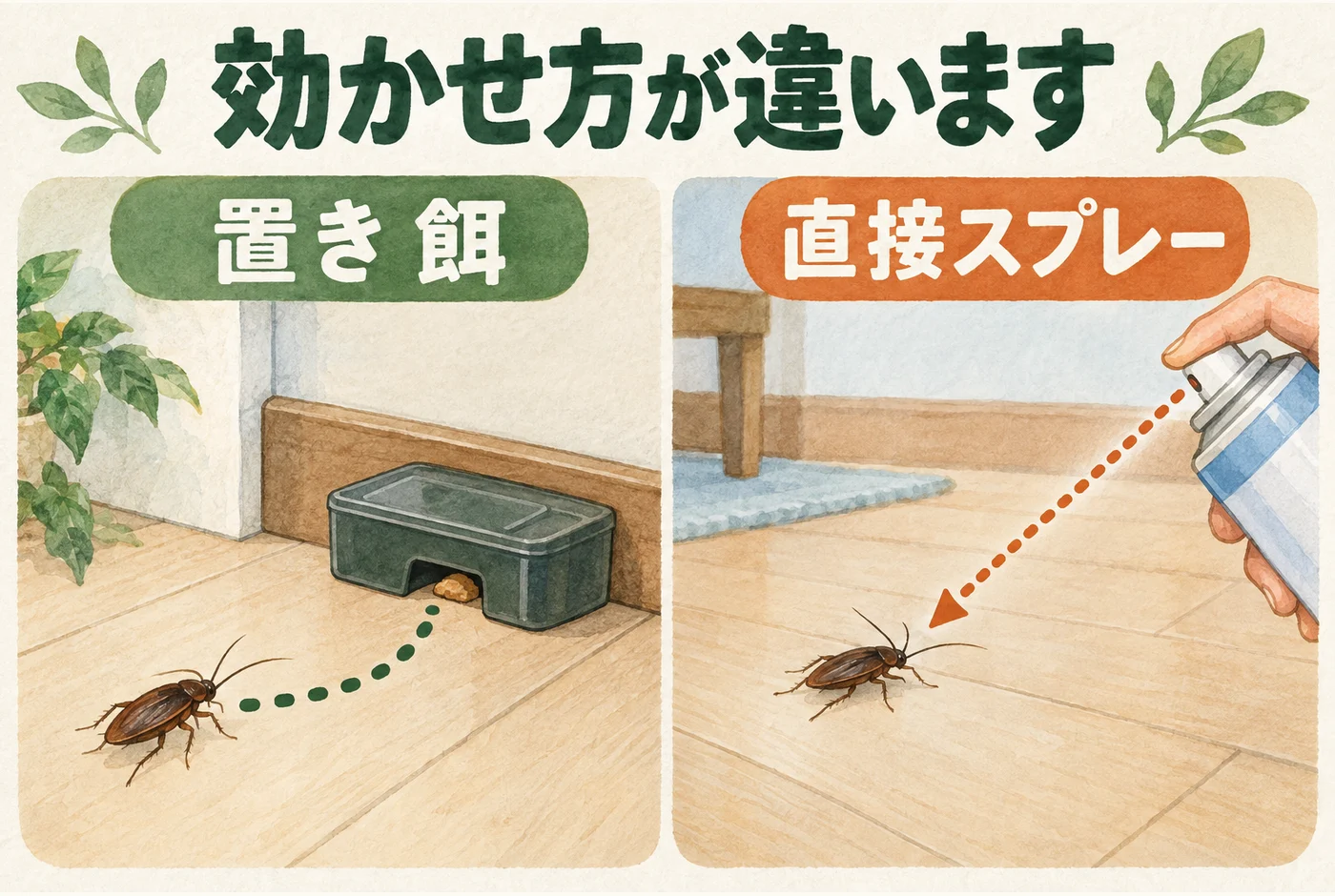 置き餌へ虫が近づく流れと、直接スプレーの対象を分けた図