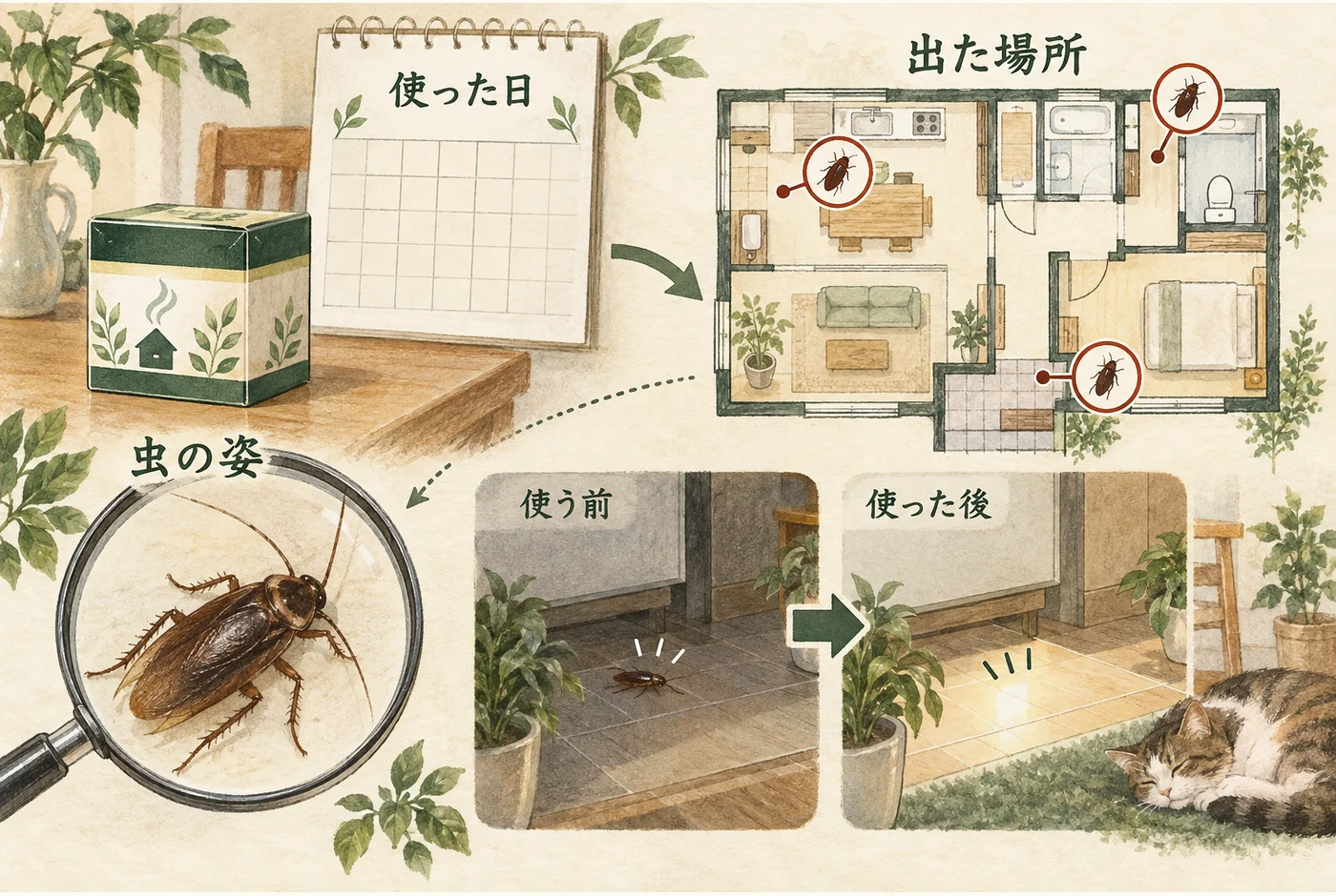 くん煙剤の使用日、部屋の見取り図、見つけた虫の姿を記録する図