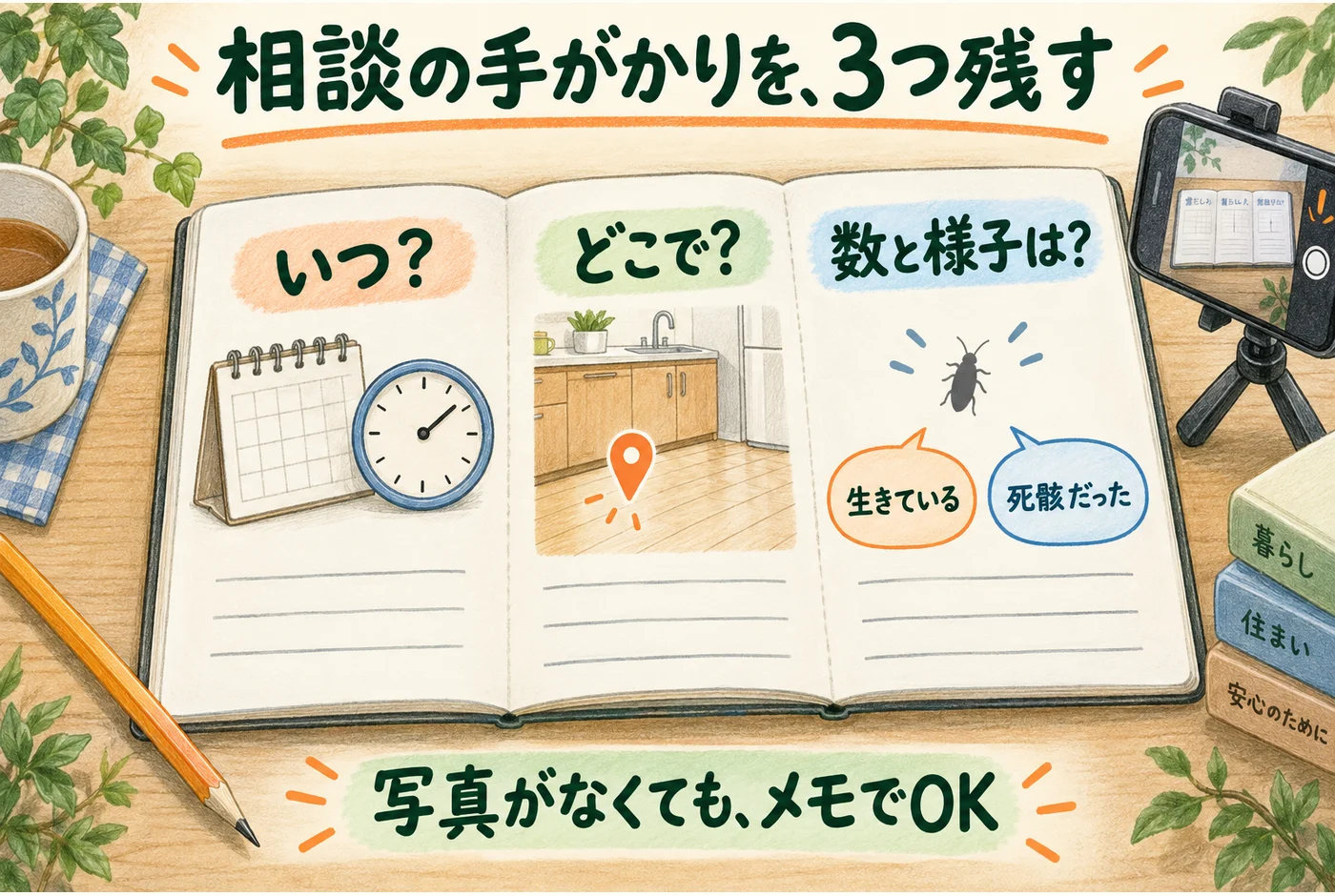 見つけた日、場所、数と様子を写真やメモで残すための観察ノート