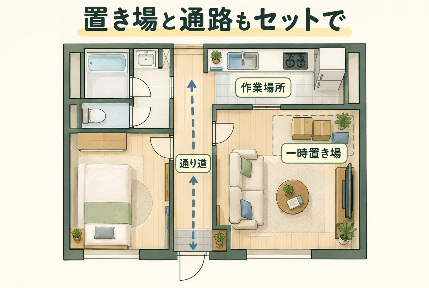 作業場所と一時置き場の間に通路を確保する
