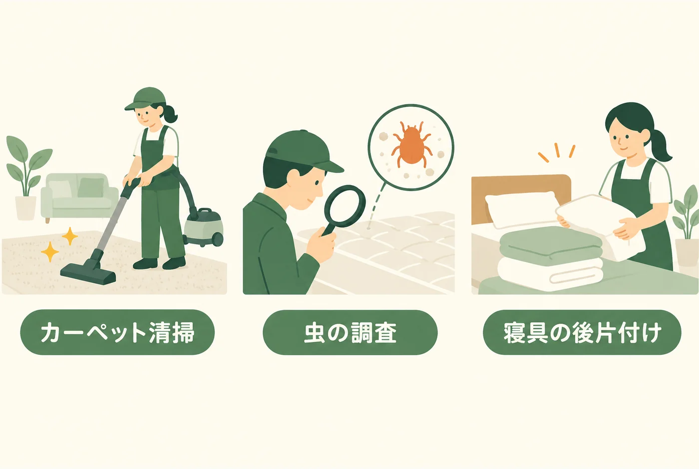 カーペット清掃、虫の調査、寝具の後片付けの仕事を分ける