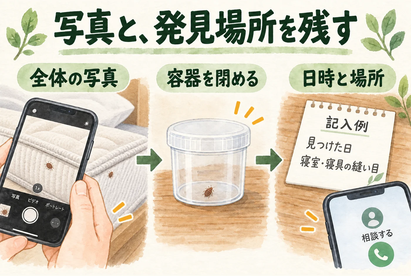 虫の全体写真、閉じた容器、日時と場所のメモを並べた図