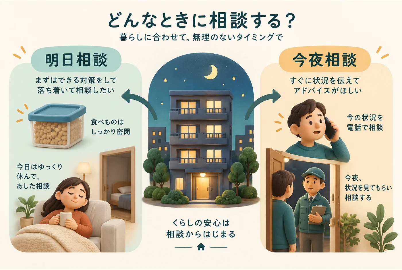 翌日に相談する場合と、今夜の訪問を頼む場合を分けた図